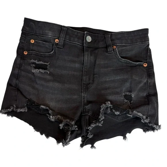 American Eagle black stretch denim distressed cutoff jean shorts size 4 - Picture 2 of 9